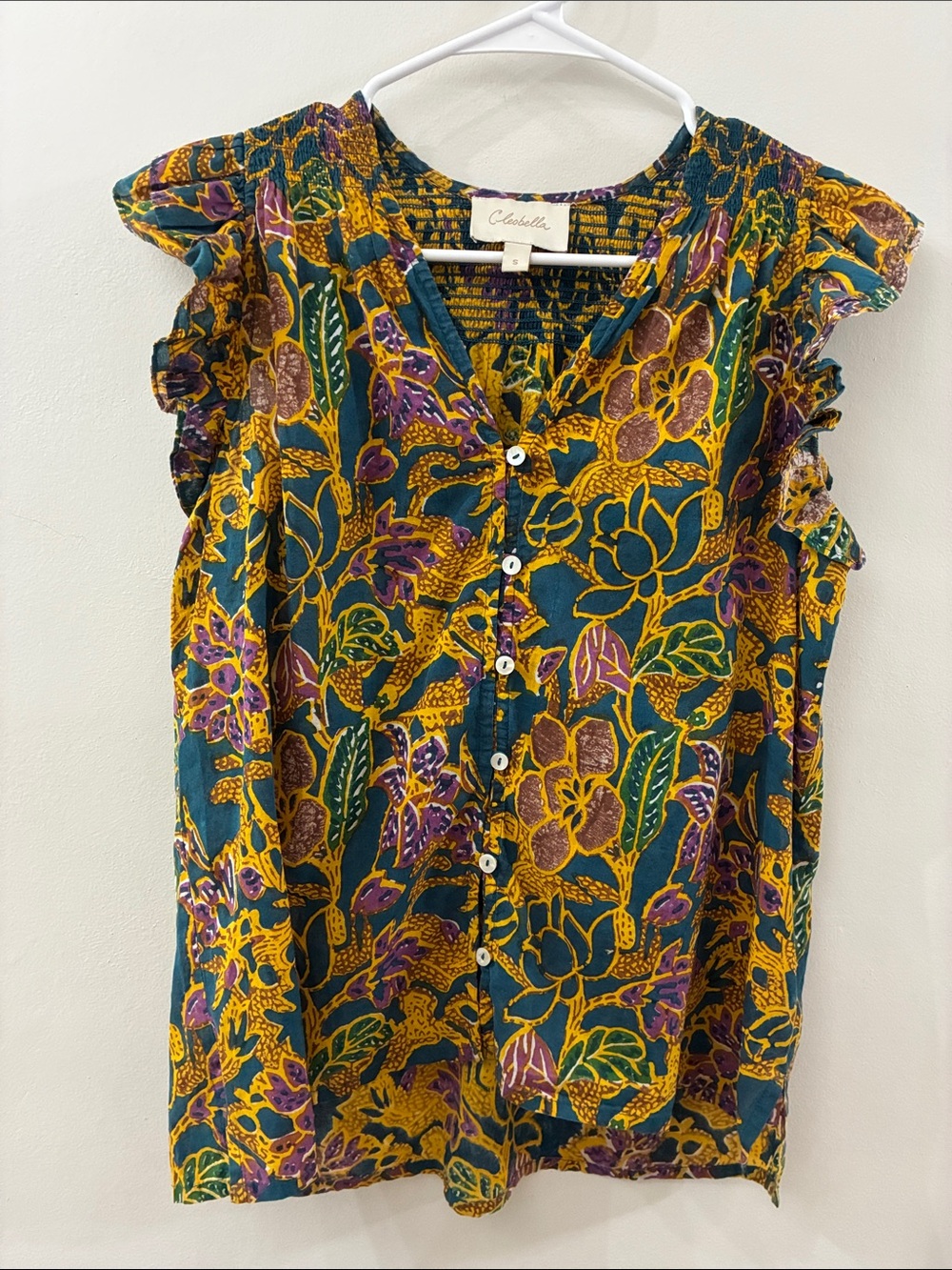 Cleobella Teal & Mustard Floral Button-Front Cap- flutter Sleeve Top - small